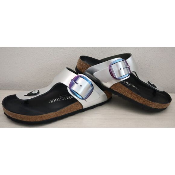 Birkenstock Women's EUR 37 US 6 Metallic Silver Leather Gizeh Big Buckle Sandals - Picture 14 of 15